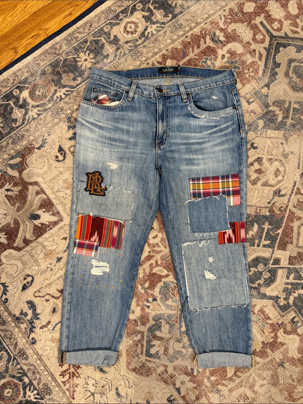 RALPH LAUREN Patchwork Distressed Jeans with Plaid Accents